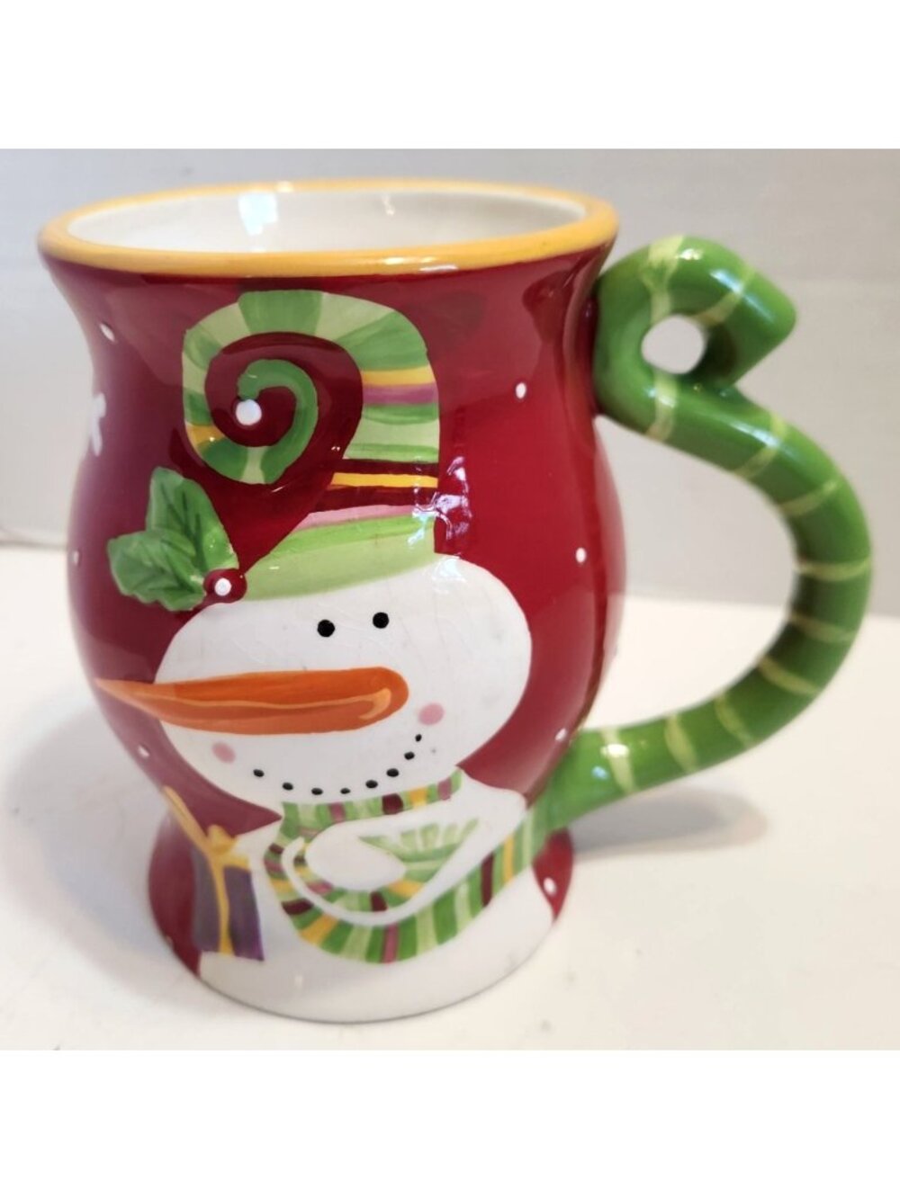 Pier Imports Holiday Snowman Ceramic Mug With Candy Cane Handle Minor Chips READ